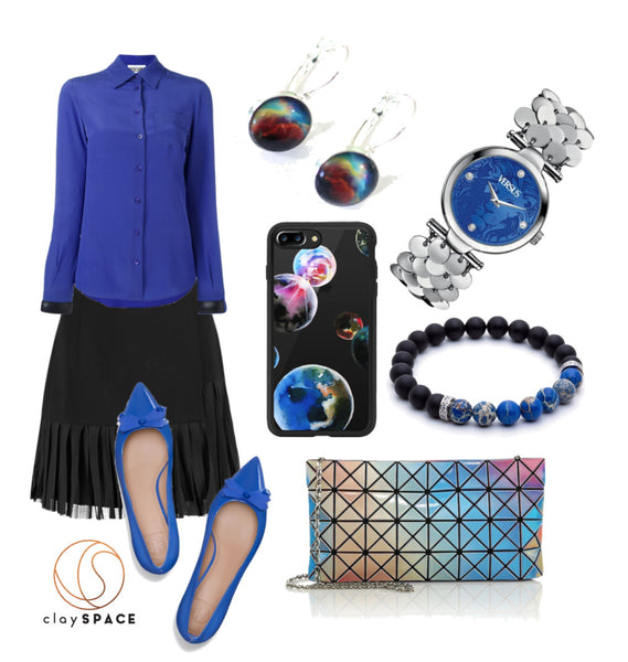 Aurora Earrings with Blue Outfit