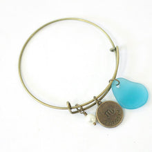 Load image into Gallery viewer, Antique Brass Scorpio Bracelet - Blue Sea Glass, Swarovski Pearl and Antique Bronze - Simple Zodiac Accessory - One Size Fits All - Zodiacharm - Clay Space