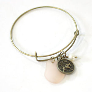 Antique Brass Taurus Bracelet - Pink Sea Glass, Swarovski Pearl and Antique Bronze - Simple Zodiac Accessory - One Size Fits All - Zodiacharm - Clay Space