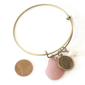 Antique Bronze Sagittarius Bracelet - Purple Sea Glass, Swarovski Pearl and Antique Brass - Simple Zodiac Accessory - One Size Fits All - Zodiacharm - Clay Space
