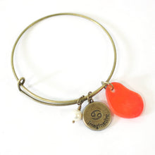 Load image into Gallery viewer, Bronze Cancer Bracelet - Orange Sea Glass, Swarovski Pearl and Antique Brass - Simple Zodiac Accessory - One Size Fits All - Zodiacharm - Clay Space