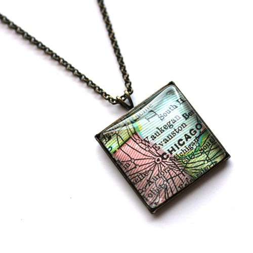 Necklace - Chicago Vintage Map Small Square Pendant