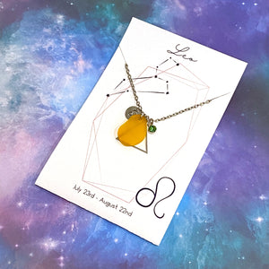 Leo Constellation Necklace with Red Sea Glass, Custom Birthstone, and Fire Element