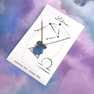 Libra Constellation Necklace with Blue Sea Glass, Custom Birthstone, and Air Element