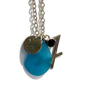 Taurus Constellation Necklace with Turquoise Sea Glass, Custom Birthstone, and Earth Element