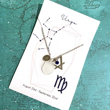 Load image into Gallery viewer, Virgo Constellation Necklace with White Sea Glass, Custom Birthstone, and Earth Element