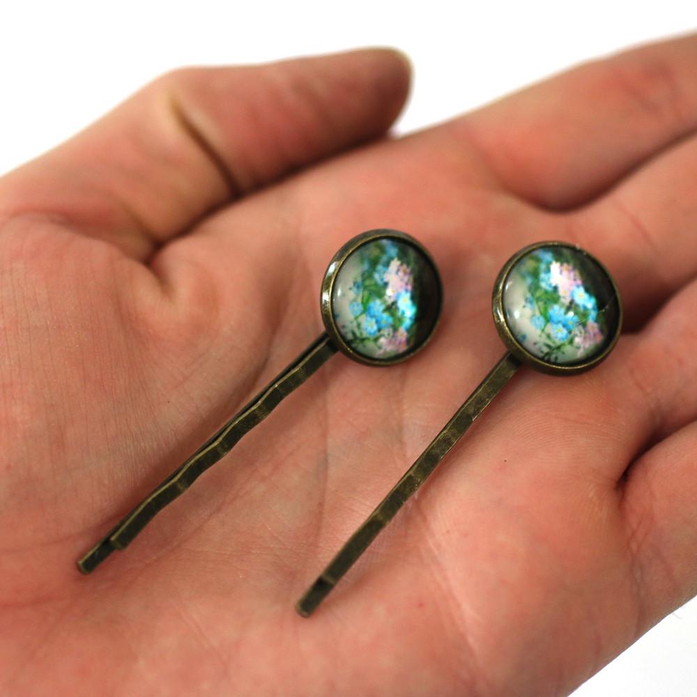 Blue and Pink Flowers 14mm Antique Bronze Bobby Pins
