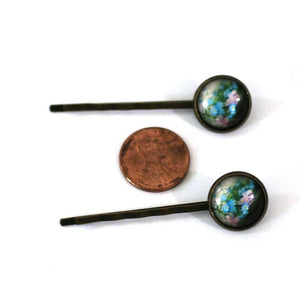 Blue and Pink Flowers 14mm Antique Bronze Bobby Pins