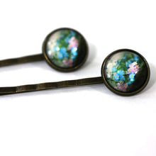 Load image into Gallery viewer, Blue and Pink Flowers 14mm Antique Bronze Bobby Pins