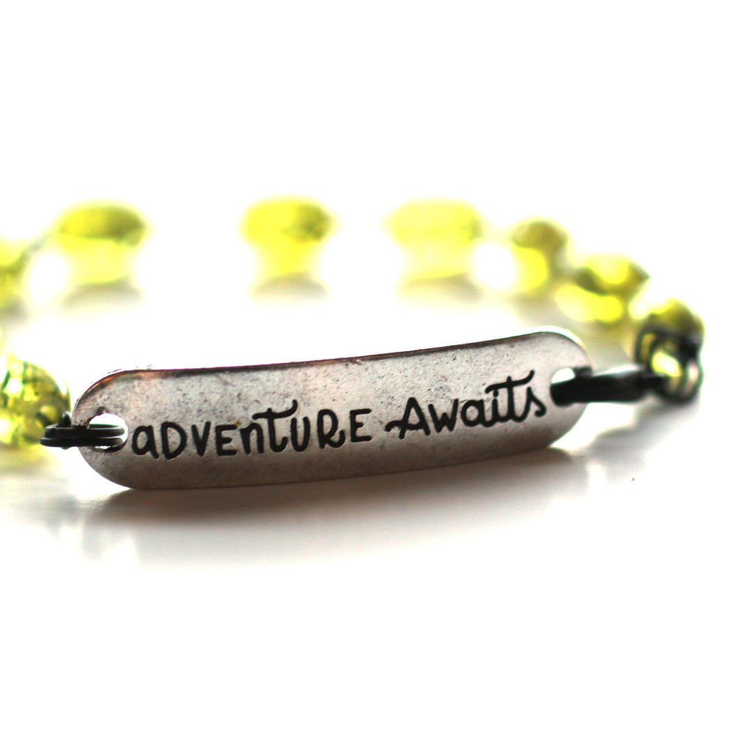 Adventure Awaits Quote Bracelet // Green Glass Bead Bracelet // Motivational Gift