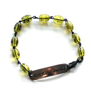 Adventure Awaits Quote Bracelet // Green Glass Bead Bracelet // Motivational Gift