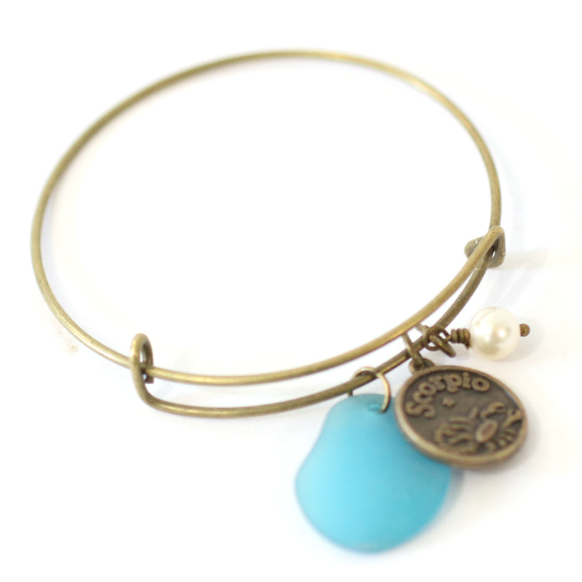 Antique Brass Scorpio Bracelet - Blue Sea Glass, Swarovski Pearl and Antique Bronze - Simple Zodiac Accessory - One Size Fits All - Zodiacharm - Clay Space