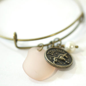 Antique Brass Taurus Bracelet - Pink Sea Glass, Swarovski Pearl and Antique Bronze - Simple Zodiac Accessory - One Size Fits All - Zodiacharm - Clay Space