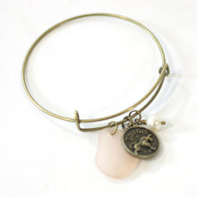 Load image into Gallery viewer, Antique Brass Taurus Bracelet - Pink Sea Glass, Swarovski Pearl and Antique Bronze - Simple Zodiac Accessory - One Size Fits All - Zodiacharm - Clay Space