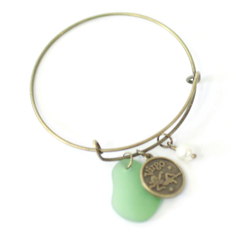 Antique Brass Virgo Bracelet - Green Sea Glass, Swarovski Pearl and Antique Bronze - Simple Zodiac Fashion Accessory - One Size Fits All - Zodiacharm - Clay Space