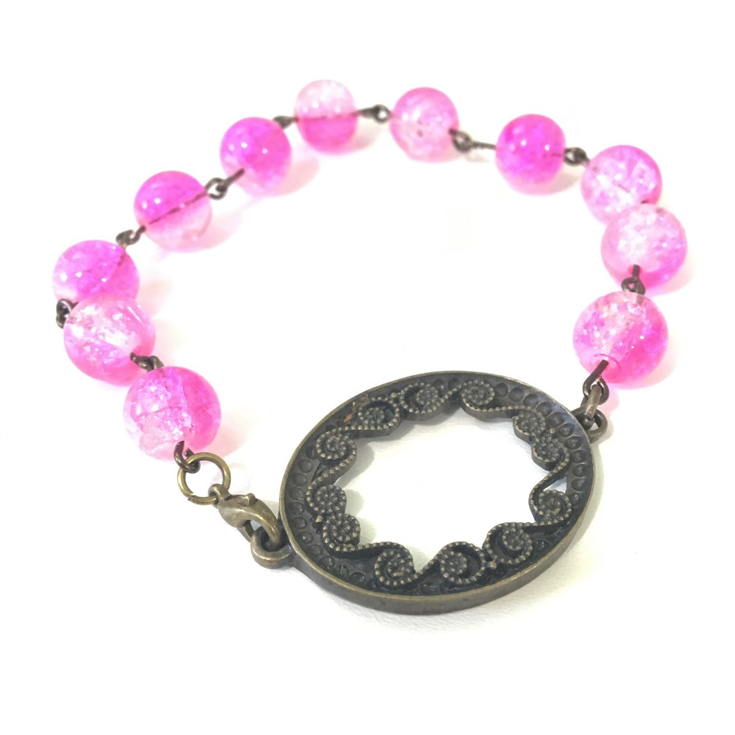 Boho Vintage Frame Bracelet // Pink Cracked Glass Bracelet // Perfect Gift for Her