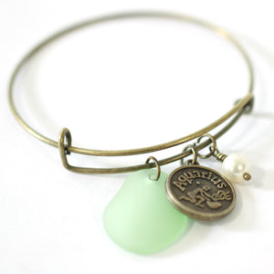 Bronze Aquarius Bracelet - Green Sea Glass, Swarovski Pearl and Antique Brass - Simple Zodiac Accessory - One Size Fits All - Zodiacharm - Clay Space