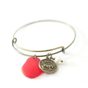 Bronze Aries Bracelet - Red Sea Glass, Swarovski Pearl and Antique Brass - Simple Zodiac Accessory - One Size Fits All - Zodiacharm - Clay Space