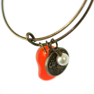 Bronze Cancer Bracelet - Orange Sea Glass, Swarovski Pearl and Antique Brass - Simple Zodiac Accessory - One Size Fits All - Zodiacharm - Clay Space