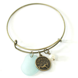 Bronze Capricorn Bracelet - Light Blue Sea Glass, Swarovski Pearl and Antique Brass - Simple Zodiac Accessory - One Size Fits All - Zodiacharm - Clay Space