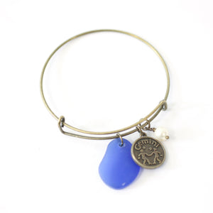 Bronze Gemini Bracelet - Blue Sea Glass, Swarovski Pearl and Antique Brass - Simple Zodiac Accessory - One Size Fits All - Zodiacharm - Clay Space