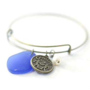 Bronze Gemini Bracelet - Blue Sea Glass, Swarovski Pearl and Antique Brass - Simple Zodiac Accessory - One Size Fits All - Zodiacharm - Clay Space