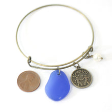 Load image into Gallery viewer, Bronze Gemini Bracelet - Blue Sea Glass, Swarovski Pearl and Antique Brass - Simple Zodiac Accessory - One Size Fits All - Zodiacharm - Clay Space