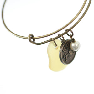 Bronze Leo Bracelet - Yellow Sea Glass, Swarovski Pearl and Antique Brass - Simple Zodiac Accessory - One Size Fits All - Zodiacharm - Clay Space