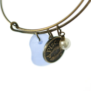 Bronze Pisces Bracelet - Blue Sea Glass, Swarovski Pearl and Antique Brass - Simple Zodiac Accessory - One Size Fits All - Zodiacharm - Clay Space