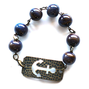Large Anchor Bracelet // Blue Ceramic Bead Bracelet // Motivational Gift