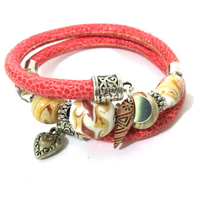 Leather and Glass Wrap Bracelet - Red, Glass and Antique Silver - Leather and Handmade Glass Beads - One Size Fits All - Wrappy Collection - Clay Space