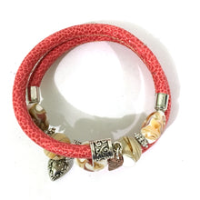 Load image into Gallery viewer, Leather and Glass Wrap Bracelet - Red, Glass and Antique Silver - Leather and Handmade Glass Beads - One Size Fits All - Wrappy Collection - Clay Space