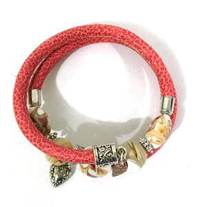 Leather and Glass Wrap Bracelet - Red, Glass and Antique Silver - Leather and Handmade Glass Beads - One Size Fits All - Wrappy Collection - Clay Space