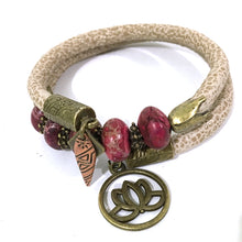 Load image into Gallery viewer, Leather and Jasper Wrap Bracelet - Beige, Fuchsia Jasper and Antique Bronze - Leather and Fuchsia Terra Jasper Beads - One Size Fits All - Wrappy Collection - Clay Space