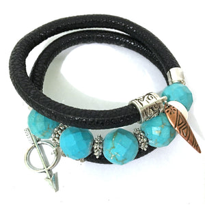 Leather and Turquoise Wrap Bracelet - Black, Turquoise and Silver - Leather and Faceted Turquoise Beads - One Size Fits All - Wrappy Collection - Clay Space