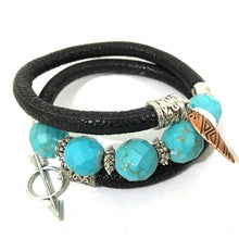 Load image into Gallery viewer, Leather and Turquoise Wrap Bracelet - Black, Turquoise and Silver - Leather and Faceted Turquoise Beads - One Size Fits All - Wrappy Collection - Clay Space