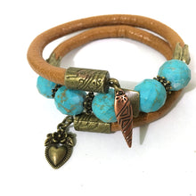 Load image into Gallery viewer, Leather and Turquoise Wrap Bracelet - Tan, Turquoise and Antique Bronze - Leather and Faceted Turquoise Beads - One Size Fits All - Wrappy Collection - Clay Space