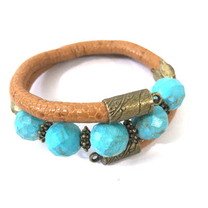 Leather and Turquoise Wrap Bracelet - Tan, Turquoise and Antique Bronze - Leather and Faceted Turquoise Beads - One Size Fits All - Wrappy Collection - Clay Space