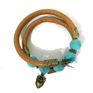 Leather and Turquoise Wrap Bracelet - Tan, Turquoise and Antique Bronze - Leather and Faceted Turquoise Beads - One Size Fits All - Wrappy Collection - Clay Space