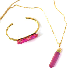 Pink Raw Aura Crystal Pendant on 18" 24k Gold Chain