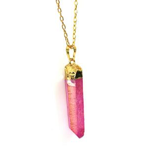 Pink Raw Aura Crystal Pendant on 18" 24k Gold Chain