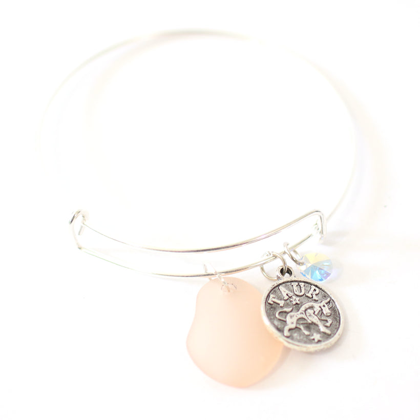 Silver Taurus Bracelet - Pink Sea Glass, Swarovski Teardrop and Antique Silver - Simple Zodiac Accessory - One Size Fits All - Zodiacharm - Clay Space