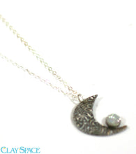 Load image into Gallery viewer, Crescent Moon Necklace. Crescent Moon Pendant. Crescent Moon Necklace Silver. Crescent Moon Crystal. Drusy Quartz Jewelry. Moon Phases.