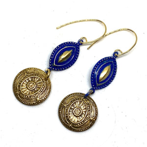 Ancient Coin Blue Accent Dangle Earrings