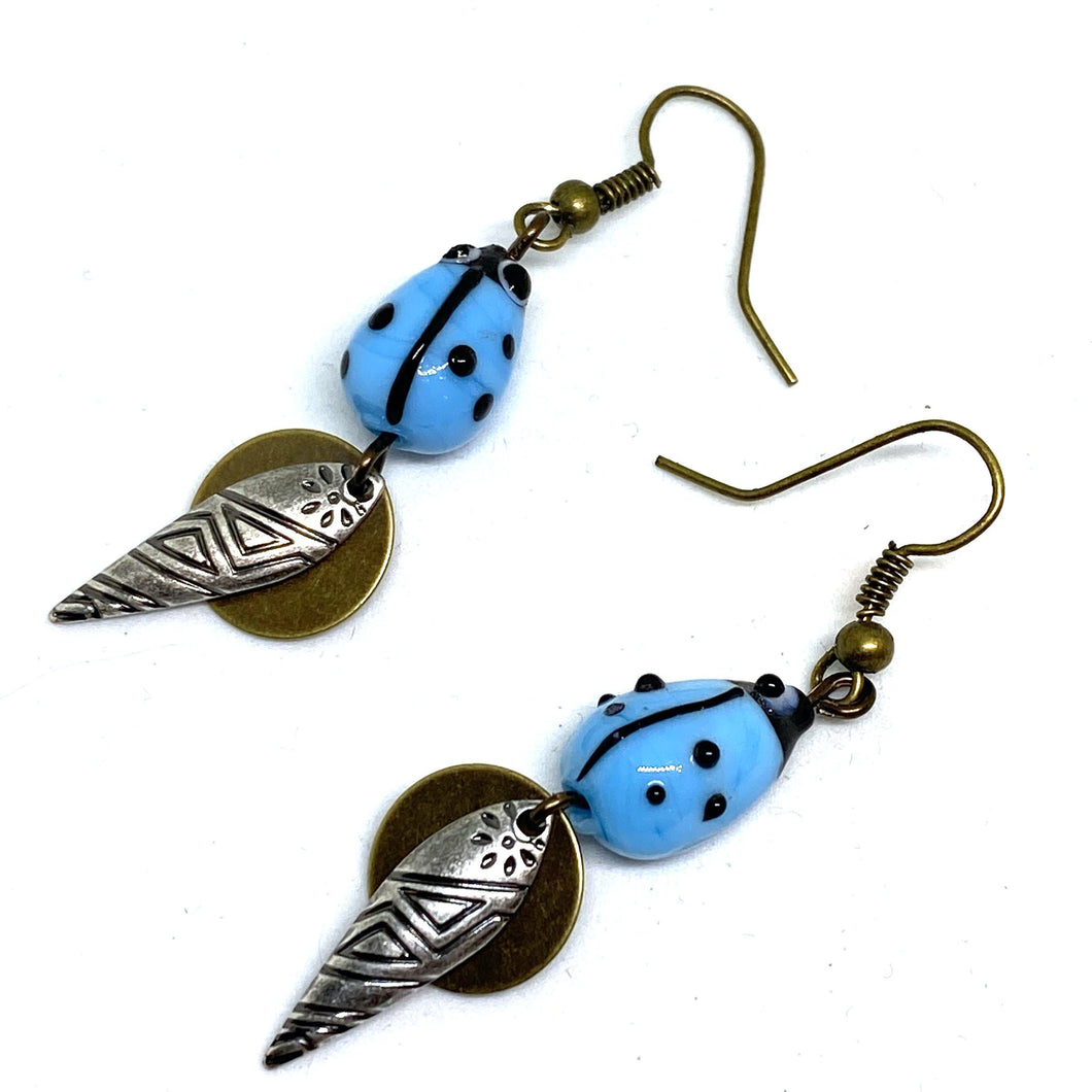 Blue Lady Bug Dangle Earrings