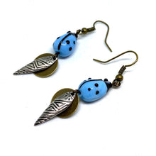 Load image into Gallery viewer, Blue Lady Bug Dangle Earrings