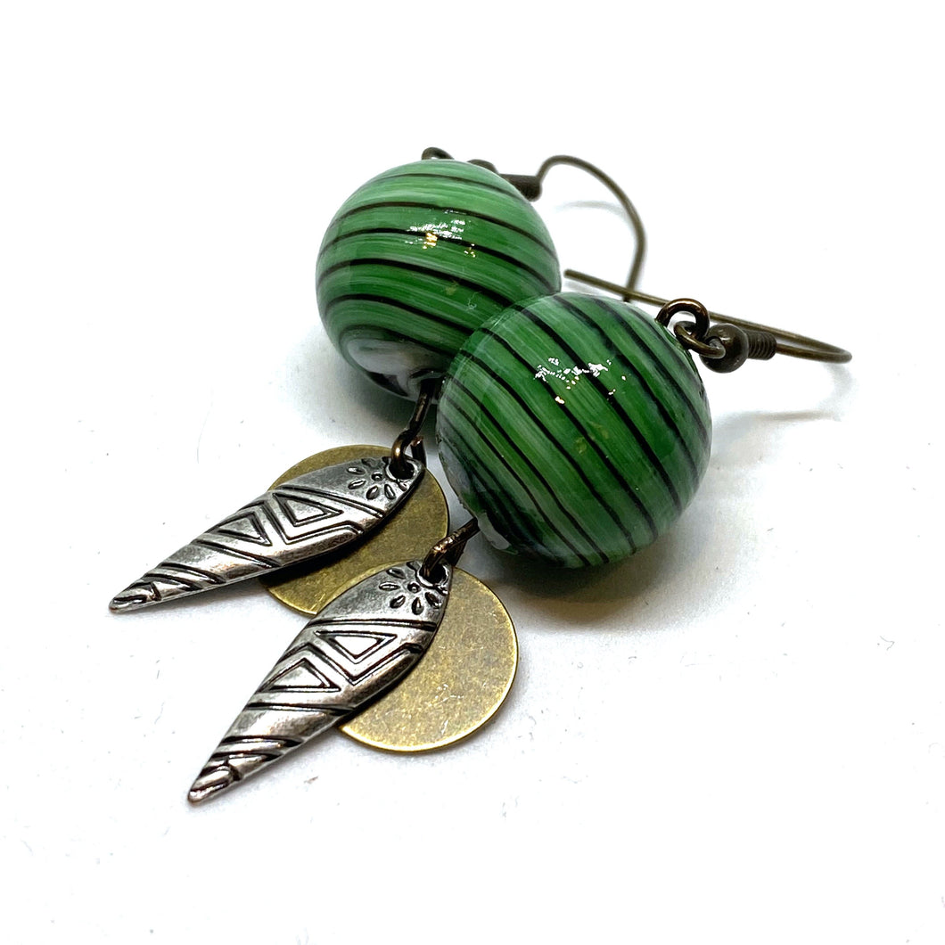 Emerald Green Black Striped Glass Bead Tribal Earrings