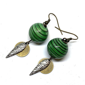 Emerald Green Black Striped Glass Bead Tribal Earrings