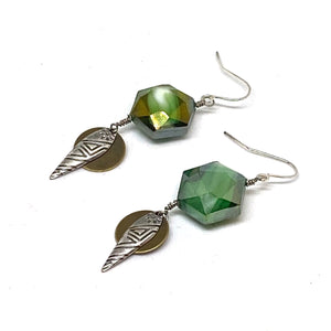 Green Glass Geometric Tribal Dangle Earrings