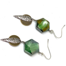 Load image into Gallery viewer, Green Glass Geometric Tribal Dangle Earrings
